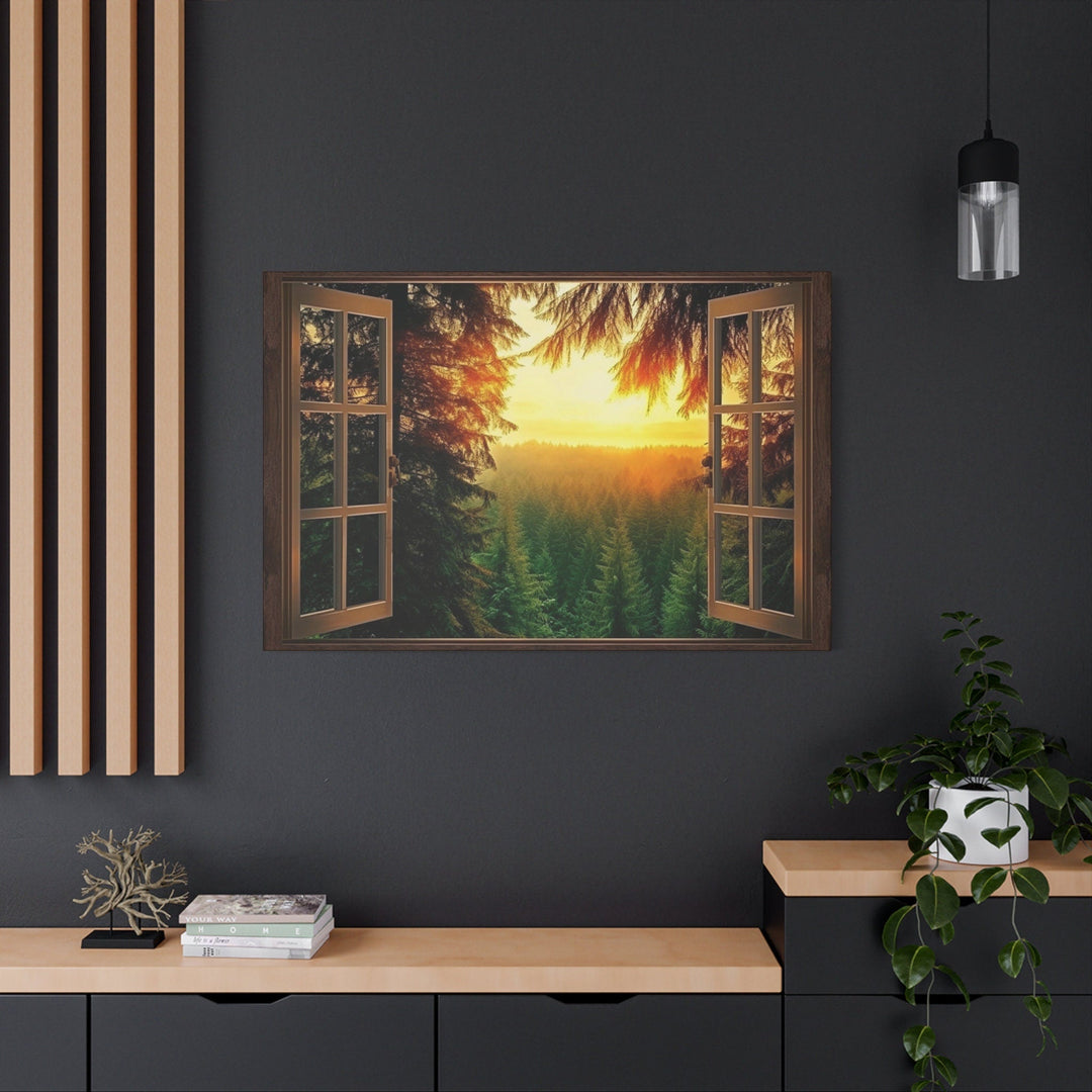 Fir Forest Sunrise Fake Window View Wall Art