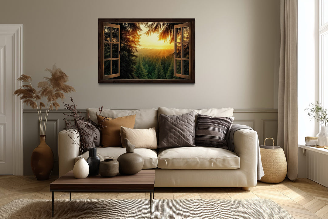 Fir Forest Sunrise Fake Window View Wall Art