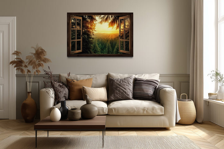 Fir Forest Sunrise Fake Window View Wall Art