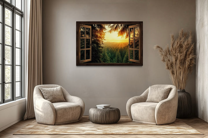 Fir Forest Sunrise Fake Window View Wall Art