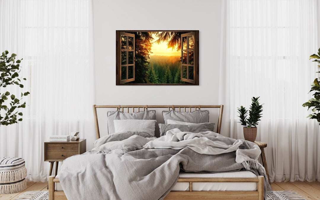 Fir Forest Sunrise Fake Window View Wall Art