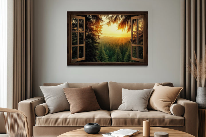 Fir Forest Sunrise Fake Window View Wall Art