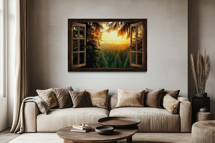Fir Forest Sunrise Fake Window View Wall Art