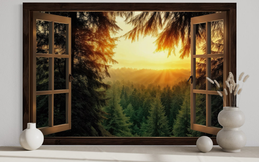 Fir Forest Sunrise Fake Window View Wall Art