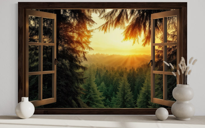 Fir Forest Sunrise Fake Window View Wall Art