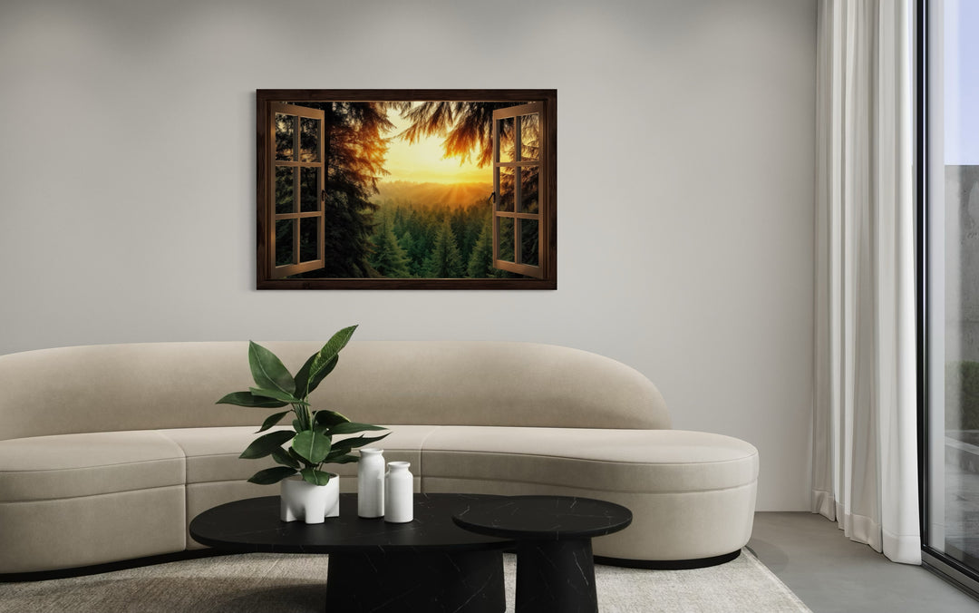 Fir Forest Sunrise Fake Window View Wall Art