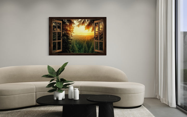Fir Forest Sunrise Fake Window View Wall Art