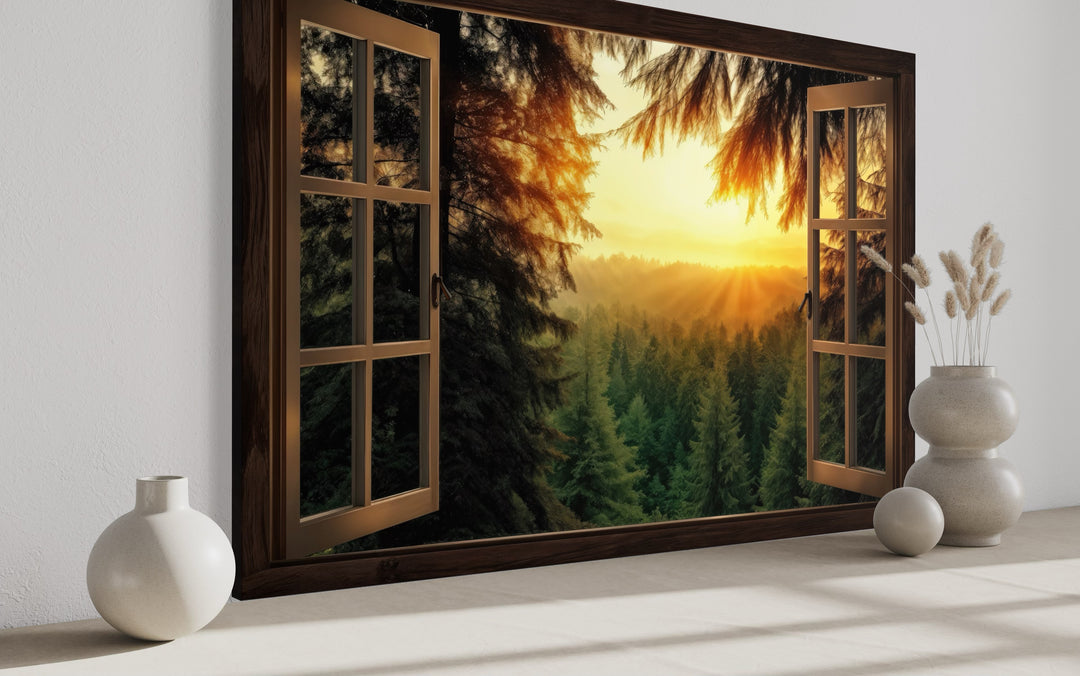 Fir Forest Sunrise Fake Window View Wall Art