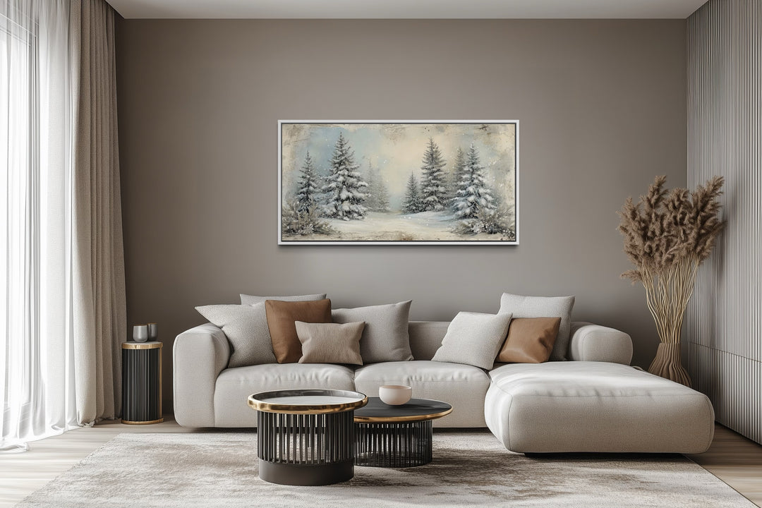 Fir Tree Forest In Winter Framed Canvas Wall Art hanging above a modern sofa in a living room.