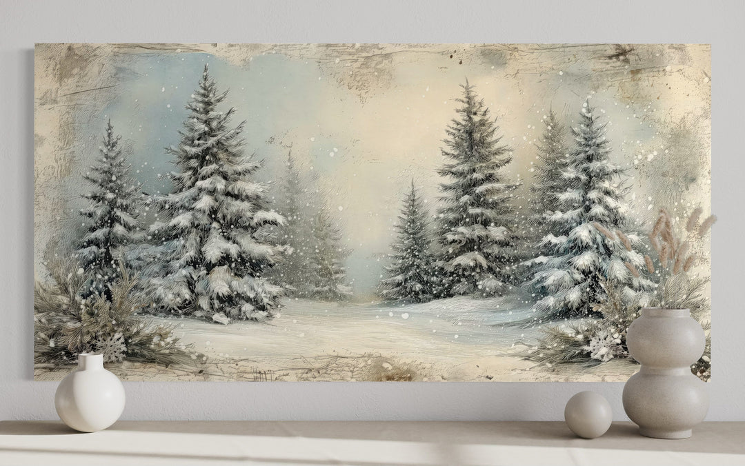 Fir tree forest in winter framed canvas wall art featuring snowy pines in a rustic, retro style.