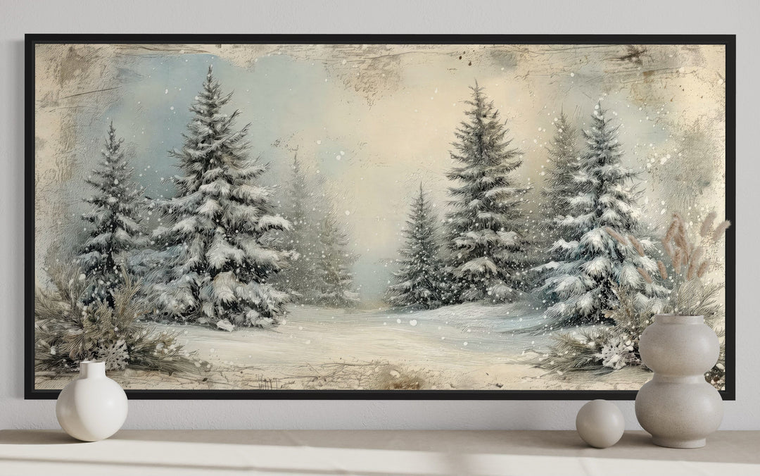 Fir Tree Forest In Winter Framed Canvas Wall Art featuring snowy pine trees in a rustic style.