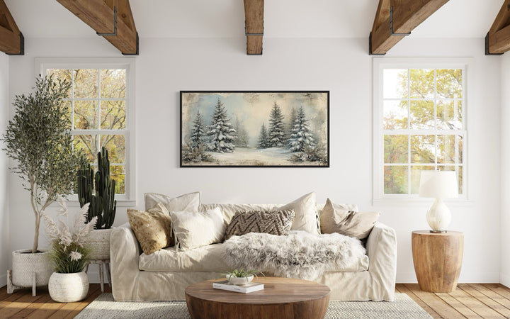 Fir Tree Forest In Winter Framed Canvas Wall Art hanging above a sofa in a rustic living room.