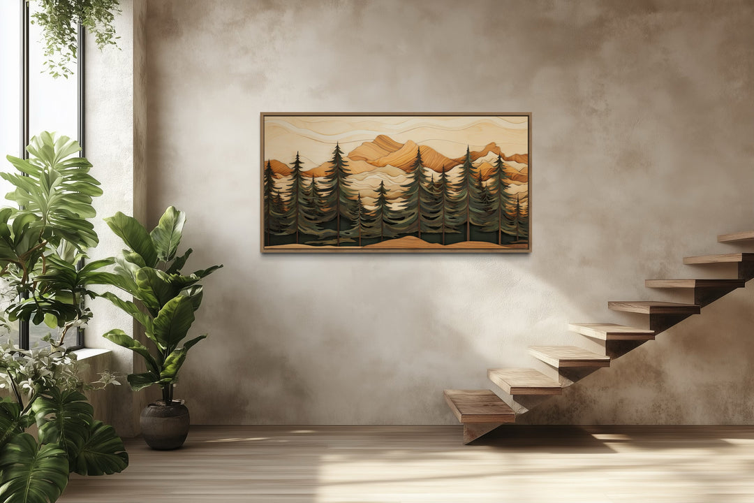 Fir Tree Forest Painting Wood Panel Effect Framed Canvas Wall Art