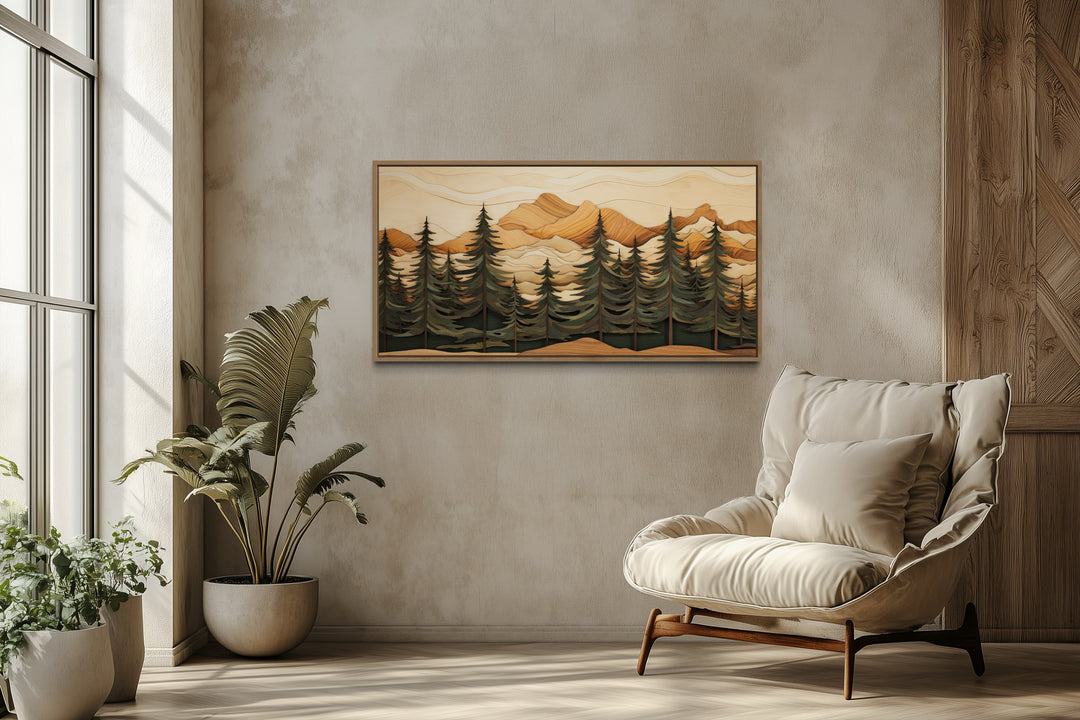 Fir Tree Forest Painting Wood Panel Effect Framed Canvas Wall Art