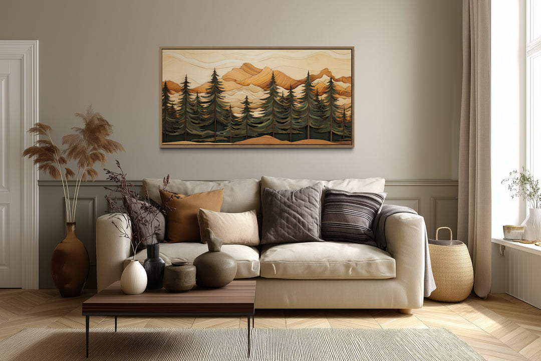 Fir Tree Forest Painting Wood Panel Effect Framed Canvas Wall Art