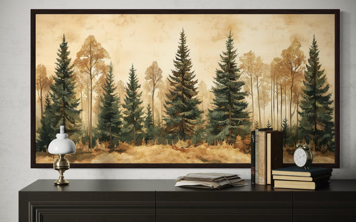 a large painting of a forest scene with tall pine trees and a warm, earthy color palette. The painting is displayed on a wall above a wooden dresser, which has a lamp, a stack of books, and a clock on it.
