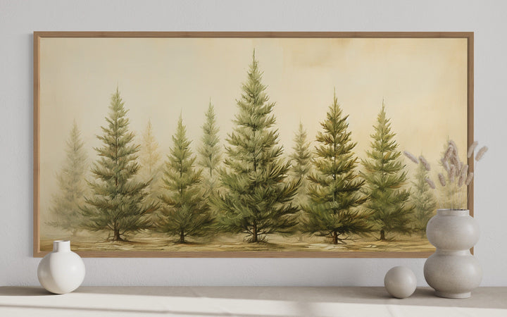 Fir Tree Forest Sage Green Framed Canvas Wall Art