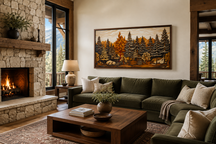 Framed fir tree forest wall art with a layered wood panel effect in a rustic cabin living room.