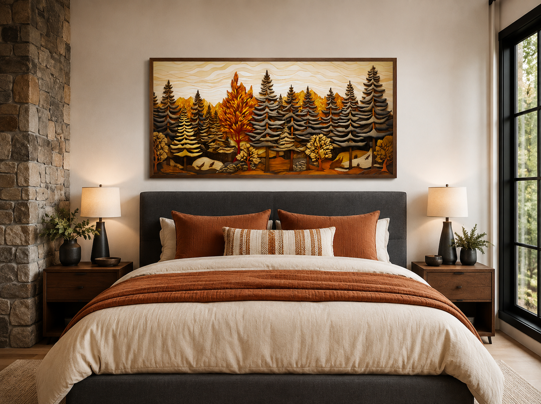 Fir tree forest wall art with layered wood panel effect hanging above a bed in a rustic bedroom.