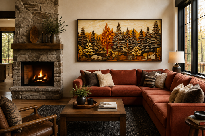 Layered wood panel effect fir tree forest wall art in a rustic living room above a red sofa.