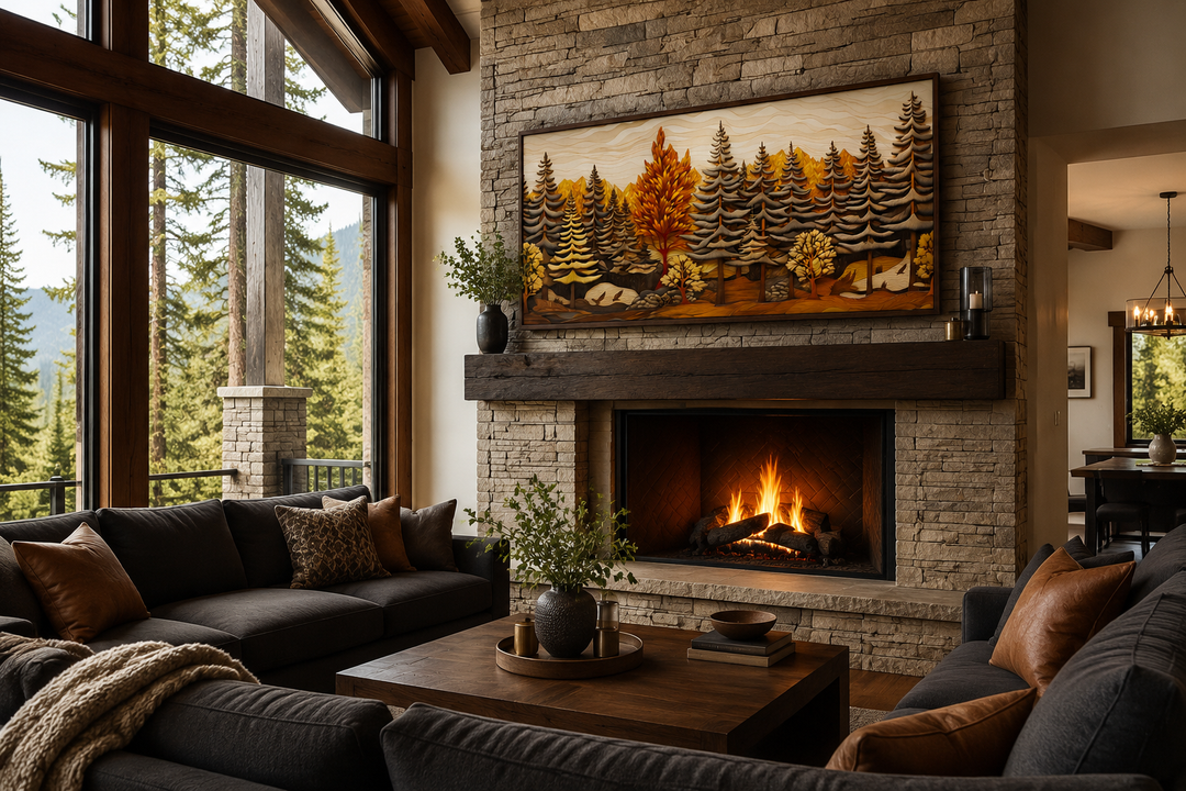 Layered wood panel effect fir tree forest wall art hanging above a rustic stone fireplace.