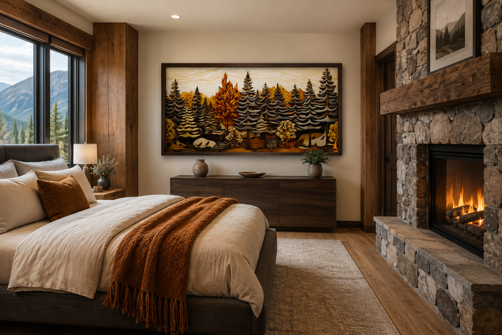 Layered wood panel effect fir tree forest wall art in a rustic cabin bedroom above a dresser.