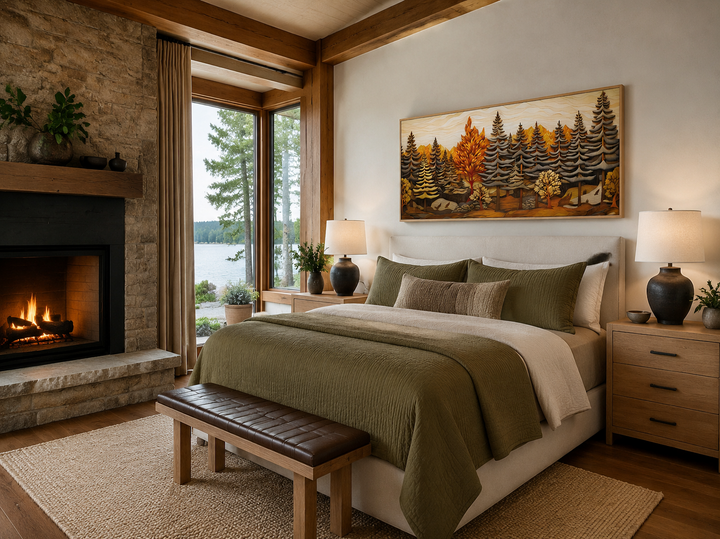 Fir tree forest wall art with layered wood panel effect in a rustic cabin bedroom above a bed.