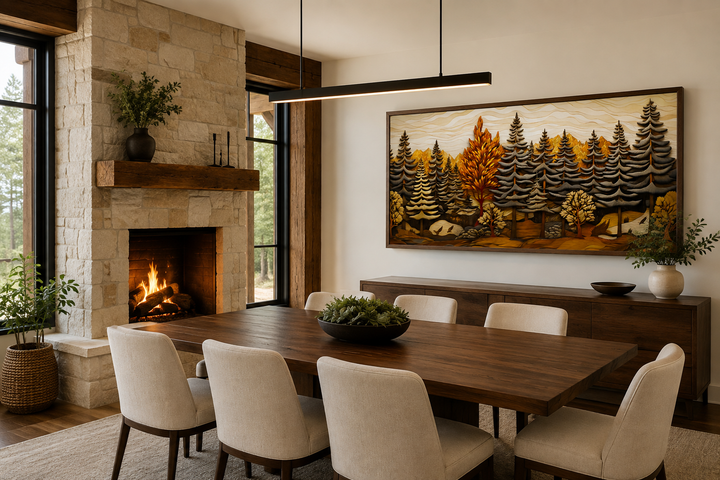 Framed layered wood panel wall art of a fir tree forest in a rustic dining room above a sideboard.
