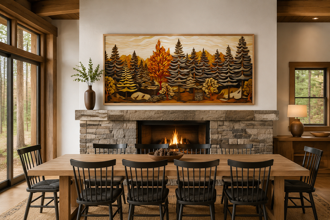 Fir tree forest wall art with a layered wood panel effect hanging above a stone fireplace.