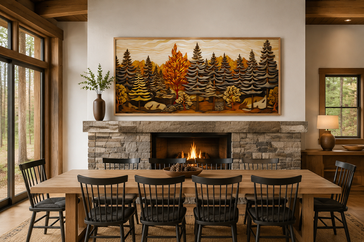 Fir tree forest wall art with a layered wood panel effect hanging above a stone fireplace.