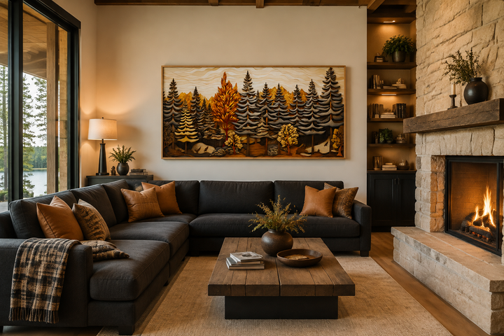 Layered wood panel effect fir tree forest wall art in a rustic living room above a dark sofa.