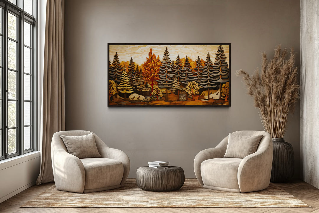 Framed layered wood panel wall art of a fir tree forest in a rustic living room setting.
