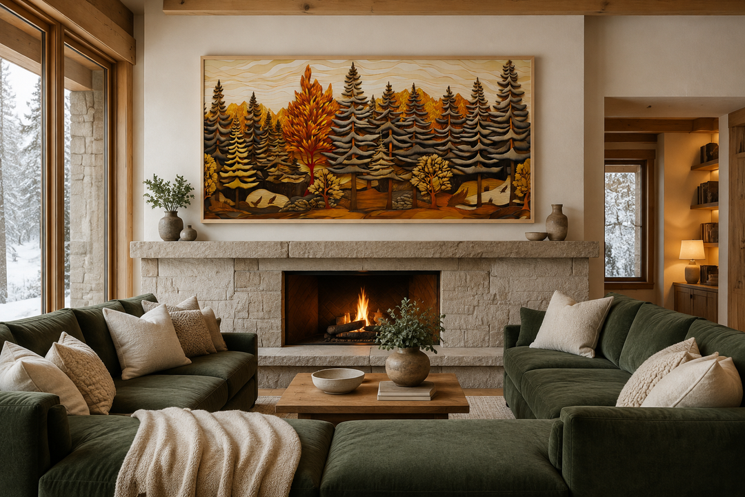 Layered wood panel effect fir tree forest wall art hanging above a rustic stone fireplace.