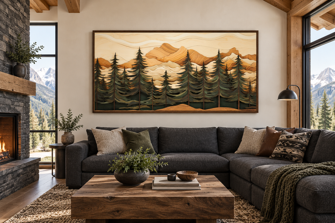Framed canvas wall art of a fir tree forest and mountains with a layered wood panel effect.