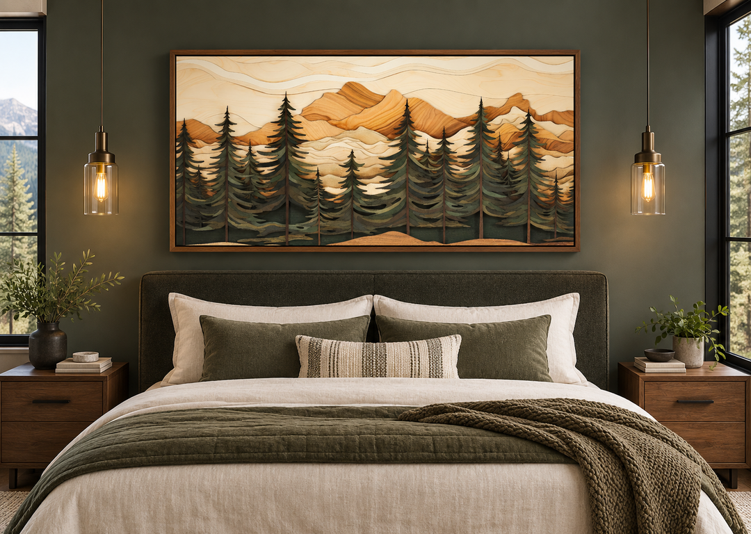 Framed canvas wall art of a fir tree forest and mountains with a wood panel effect above a bed.