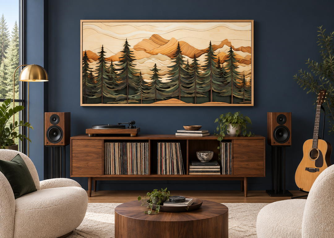 Fir tree forest and mountain painting with a wood panel effect in a thin wooden frame.