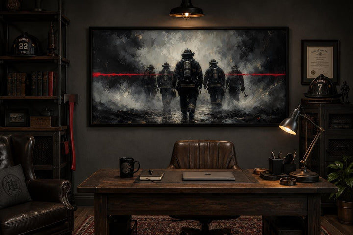Firefighter wall art canvas with a thin red line above a desk in a dark, masculine office.