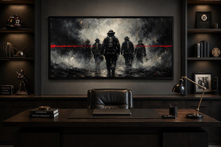 Firefighter wall art canvas with thin red line in a dark office above a desk.