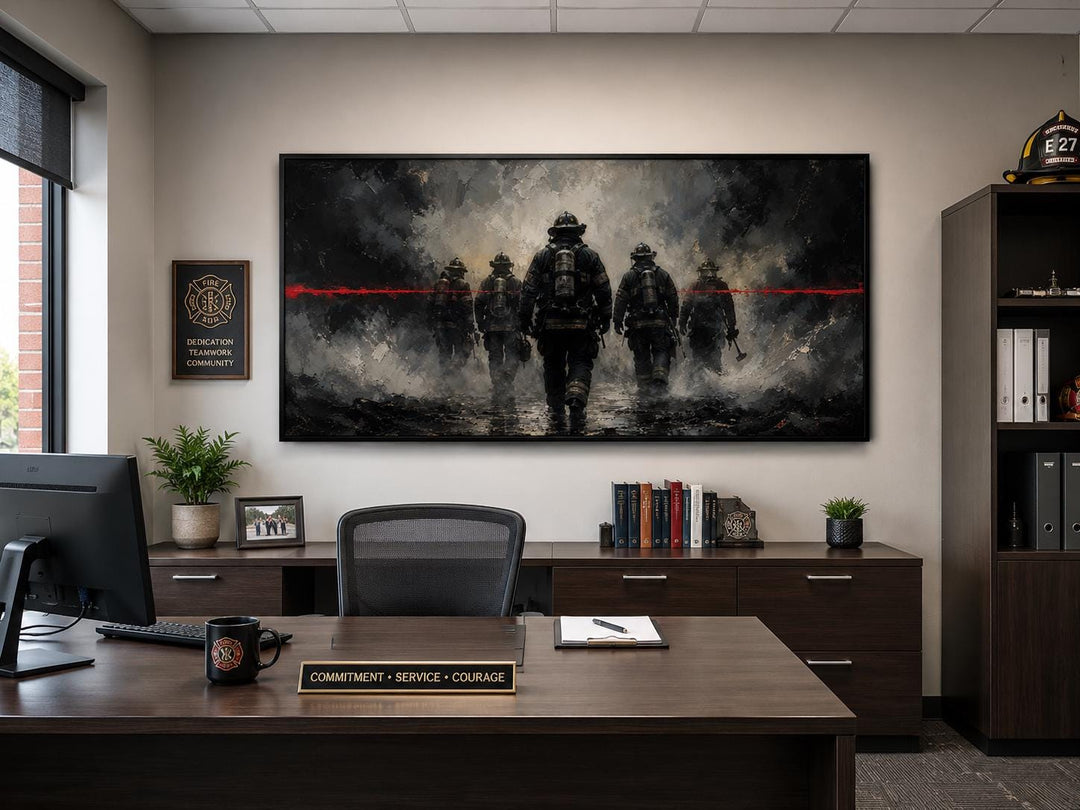 Firefighter wall art canvas with a thin red line above an office desk in a fire station setting.