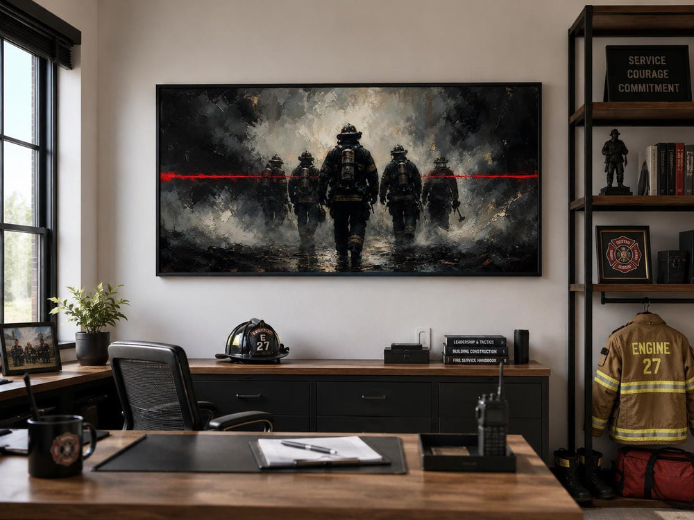 Firefighter wall art canvas with thin red line in a home office above a desk.