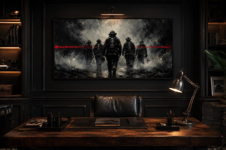 Thin Red Line canvas art featuring firefighter silhouettes in a dark, moody office setting.