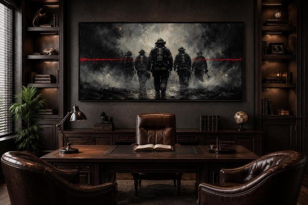 Thin Red Line firefighter canvas art displayed in a dark wood-paneled office above a leather desk.