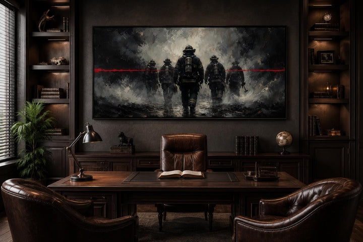 Thin Red Line firefighter canvas art displayed in a dark wood-paneled office above a leather desk.