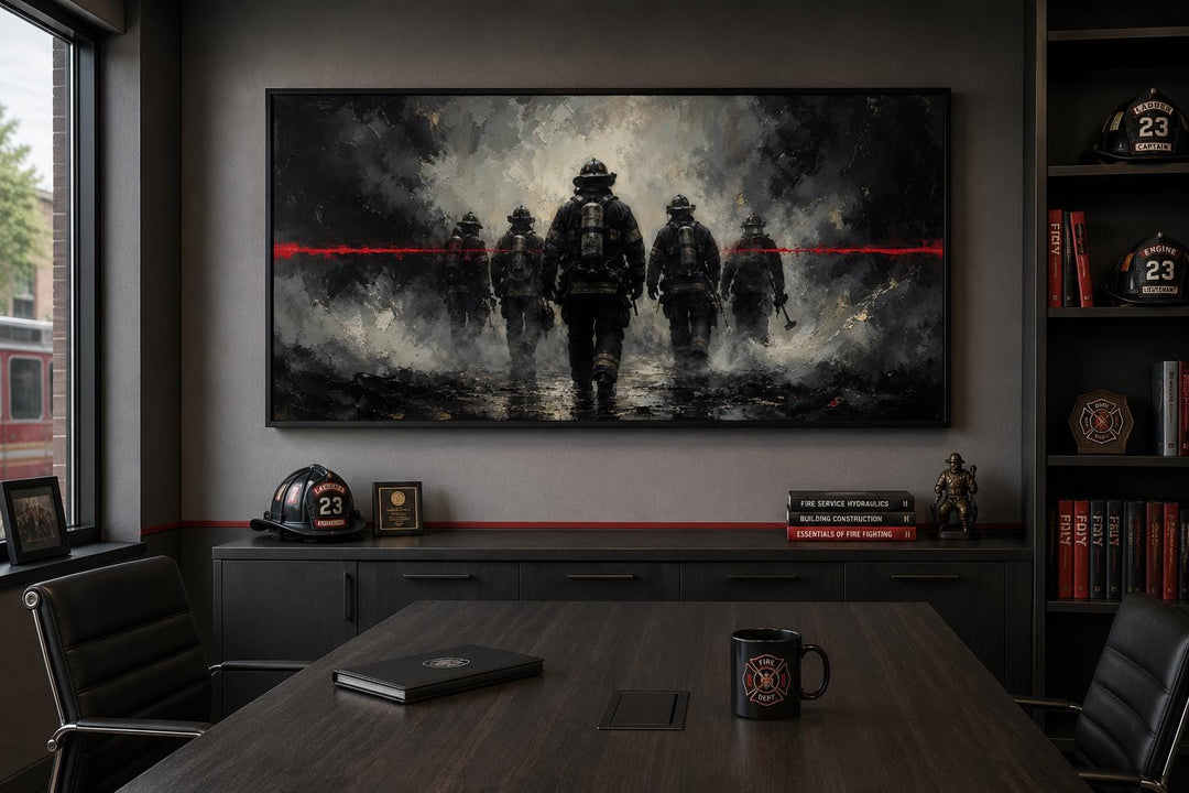 Thin Red Line firefighter canvas wall art in a dark, modern office setting above a desk.