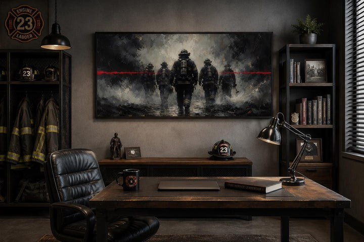 Thin Red Line firefighter canvas wall art in a moody office with leather chair and wooden desk.
