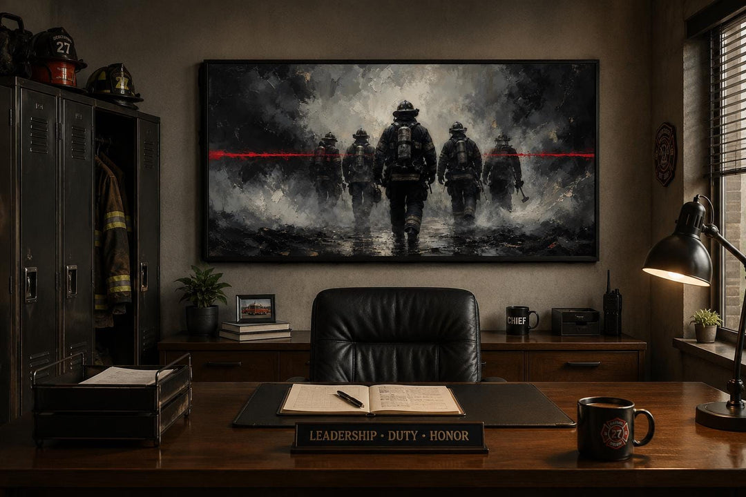 Thin Red Line firefighter canvas art above a desk in a fire station office with a moody atmosphere.