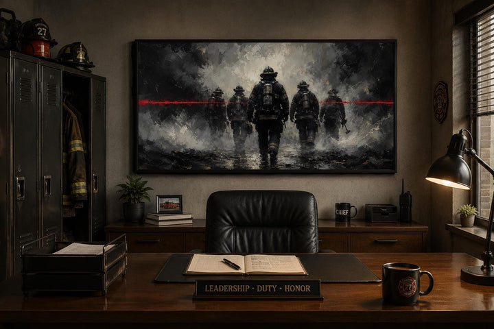 Thin Red Line firefighter canvas art above a desk in a fire station office with a moody atmosphere.