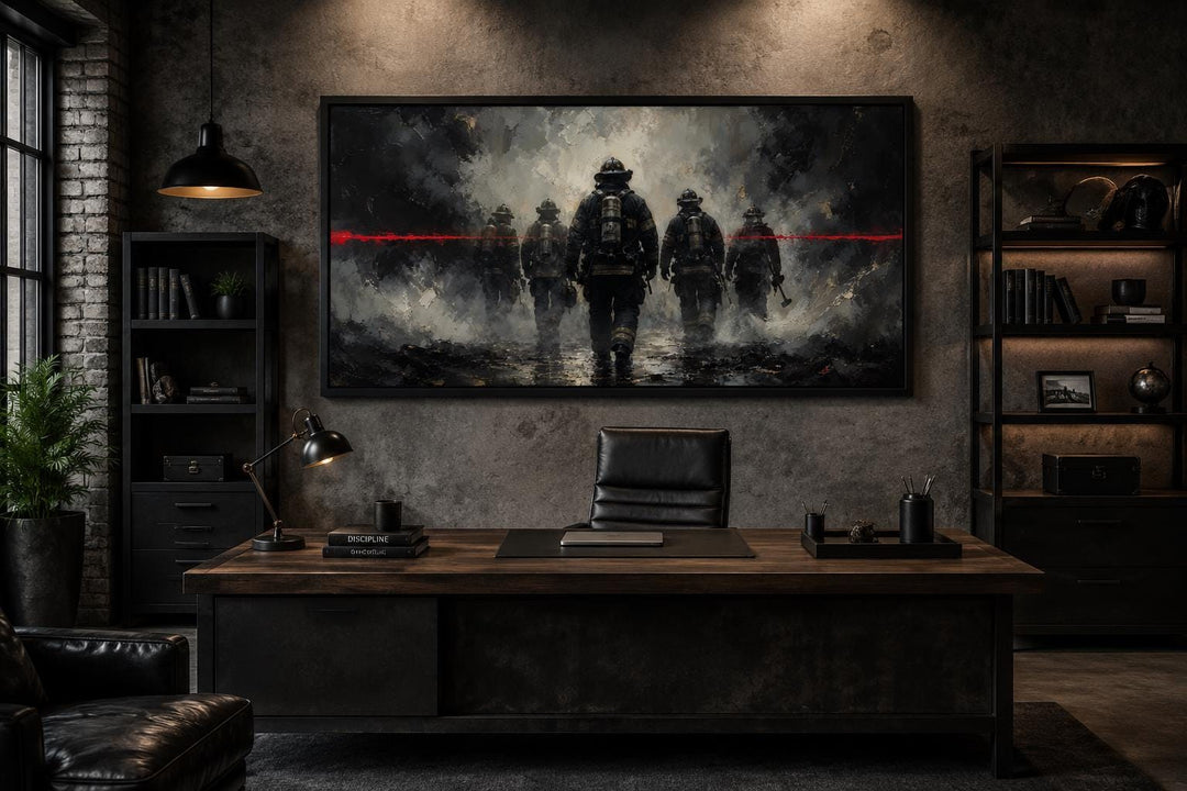 Thin Red Line firefighter canvas art hanging in a dark, modern office above a wooden desk.