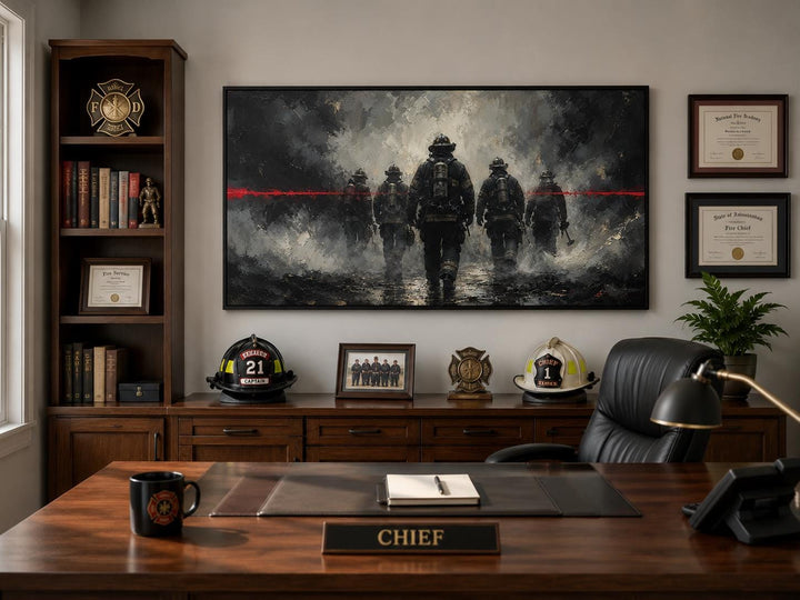 Thin Red Line canvas art featuring firefighter silhouettes in a smoky scene above a wooden desk.