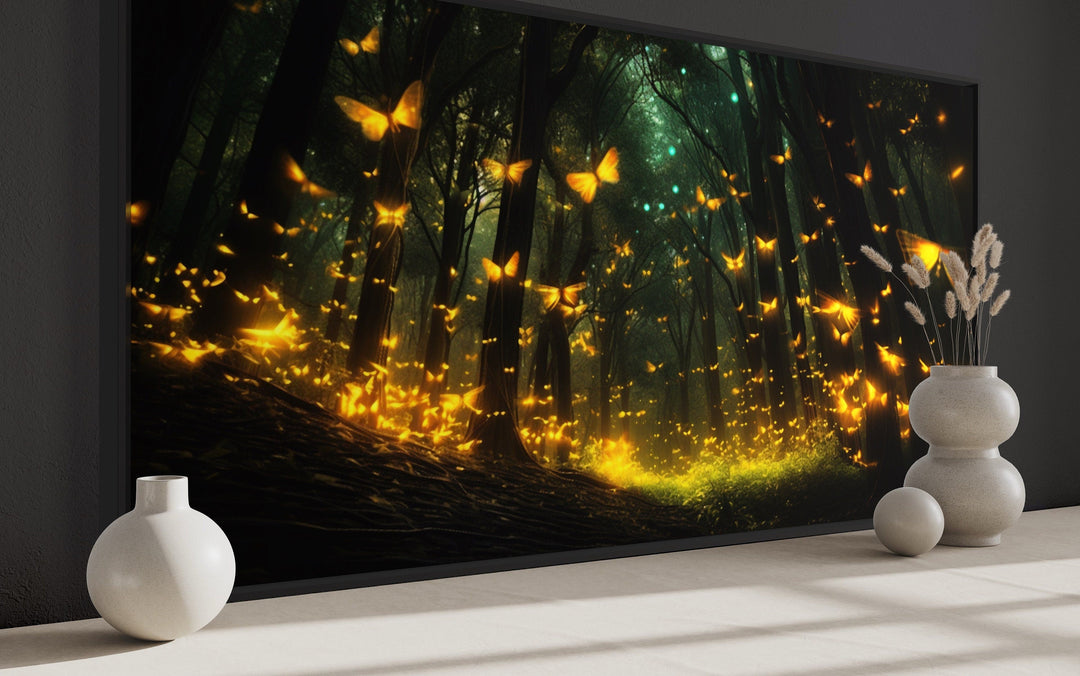 Fireflies In The Dark Forest Framed Canvas Wall Art side view